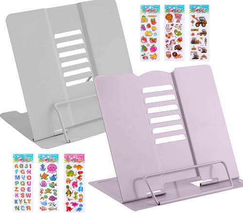 2 Piezas Atril para Libros metal, Atril Lectura de Metal con 6 ángulos Ajustables Estante Lectura de Metal Multifuncional Estantes de Lectura para Cocina, Escuela, Oficina (Gris+Morado)