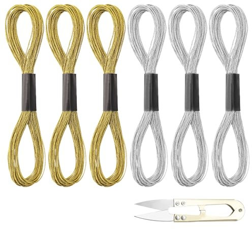 APOMOONS 6 Stück Stickgarn Metallic mit Schere, 8m Silberfaden und Goldschnur, Gold Stickgarn Goldfaden zum Basteln, Schnur Gold Silber für Kreuzstich Sticken Handstricken