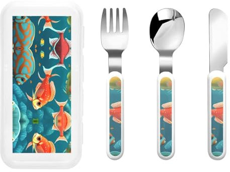 Ocean Underwater Fish print Utensils,Fork Knife and Spoon Set,Ideal for School Lunch, Travel and Outdoors Activities