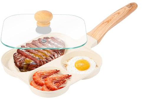 Eyoulife Padella per uova fritte con coperchio, 3, 18,5 cm, in alluminio, con rivestimento antiaderente, manico rimovibile, per arrosti, uova, pancake, bistecca (beige)