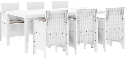 vidaXL 7-delat trädgårds matsalset med kuddar Vit Poly Rattan