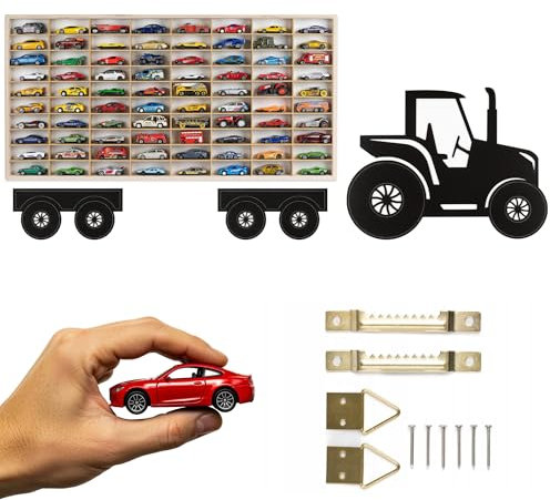 ArtTwist Modellauto Vitrine | Hot Wheels Aufbewahrung zu 80 Fächen | Sammlervitrine Hängend 78,5cm x 40cm x 4cm | Setzkasten Holz für Wanddeko und Organisation (Traktor)