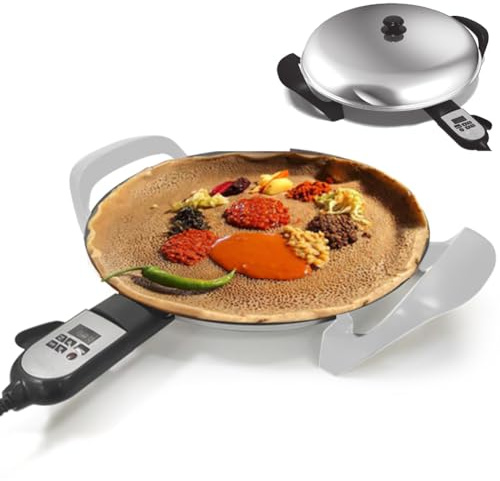 Pliddle Eléctrico De 40 Cm para Injera Etíope, Fabricantes De Crepes Antiadherentes Y Chapati & Skyet and Panqueke Fabricante De Panqueques, Control De Calor Digital Ajustable, Incluso Distribución