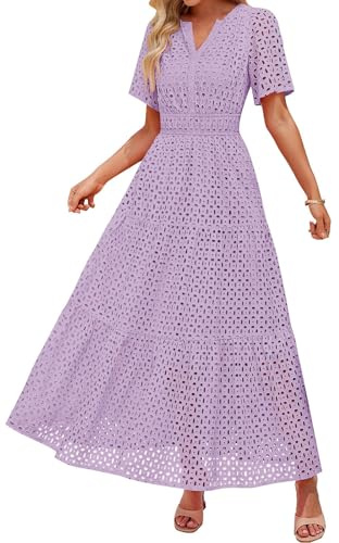 Robe d'été élégante longue pour femme - Robe décontractée pour femme - Manches courtes - Col en V - Coupe trapèze - Robe bohème - Robe de plage plissée - Couleur unie - Robe corsage, lilas, S