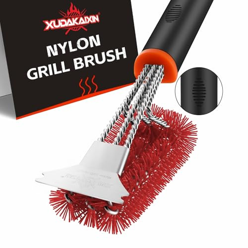 XUDAKAIXIN Grill Brush and Scraper, Safe Nylon Bristles Barbecue Triple Scrubbers Cleaning Brush for Cast Iron Grates/Porcelain/Weber Gas/Charcoal Grill，Extra Strong BBQ Cleaner Accessories (Red)
