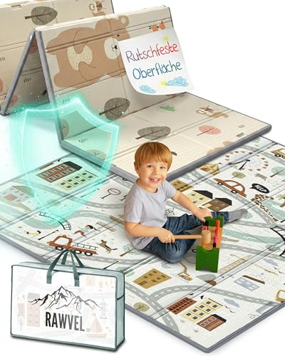 RAWVEL Krabbelmatte baby faltbar [180x200cm / 1cm Dick] Spielmatte Baby faltbar [100% BPA-Frei] Spielmatte Kinder Playmat krabbeldecke Doppelseitig | 2-in-1 Montessori Design | + Tragetasche