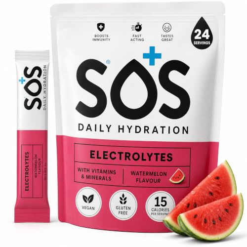 SOS Hydrating Electrolyte Powder (Watermelon Flavour - 24 Servings) Best Fast Acting, Low Calorie Rehydration Sports Drink