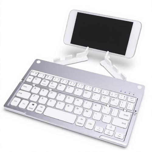 XUMIUZIY Tastiera Bluetooth Piegabile, Tastiera Wireless Portatile con Supporto per Telefono, Tasto 60, Ricarica Wireless da 140 MAh, BT3.0, Dimensioni Portatili per Laptop Desktops (Silver White)