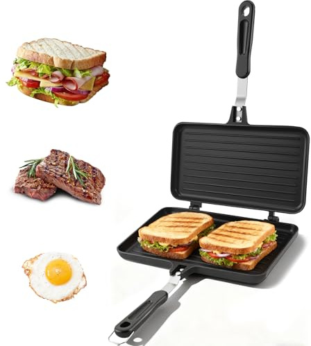 Towwoo Sandwich double face, anti-adhésif, manche en aluminium, pour omelettes et panini, 24 x 13,5 cm