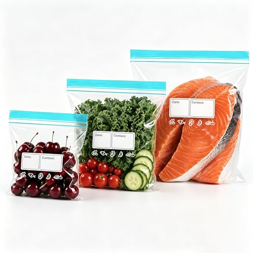 TRUEIN 70 Sacchetti Congelatore Zip, Sacchetti Alimenti Riutilizzabili, Ermetici e Richiudibili, Doppia Chiusura Zip, Senza BPA, per Cucina e Freezer, 3 Misure