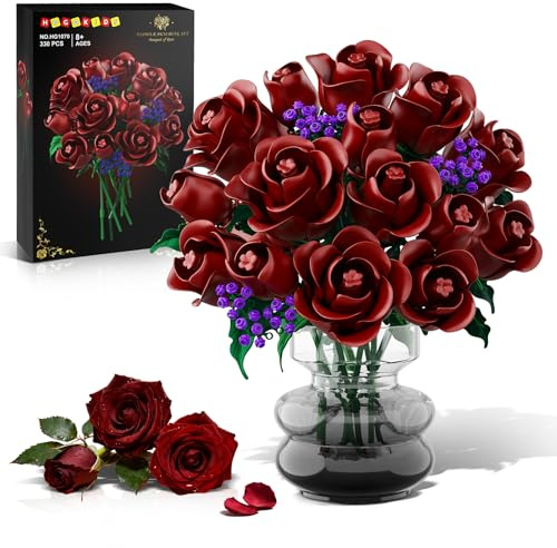 HOGOKIDS 15 Burgundy Roses Flowers Bouquet Building Set for 8+ Girls Adults | 330PCS Gothic Deep Red Rose Botanical Collection Building Blocks Artificial Flower Home Decor Display Birthday Gift for Her