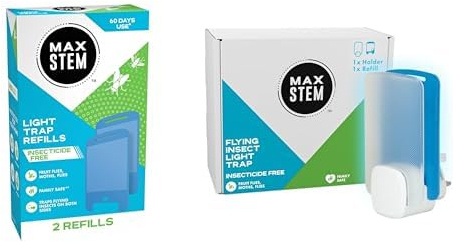 MAX STEM Flying Insect Light Trap Bundle, 24/7 Protection from Flies, Gnats and Moths, Indoor Protection, Insecticide-Free, Child-, Pet-, and Plant-Friendly, Package contains 1 Device + 3 Refills