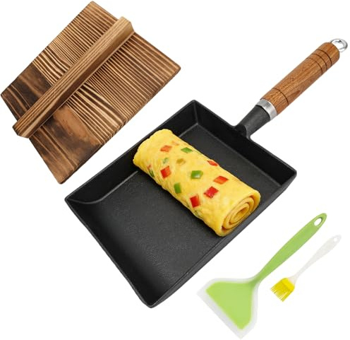 JBESUHI 13.94×5.9 Inch Cast Iron Tamagoyaki Pan Set - Japanese Omelette Pan with Wooden Lid, Silicone Spatula & Oil Brush, Compatible with Gas, Induction & All Stovetops