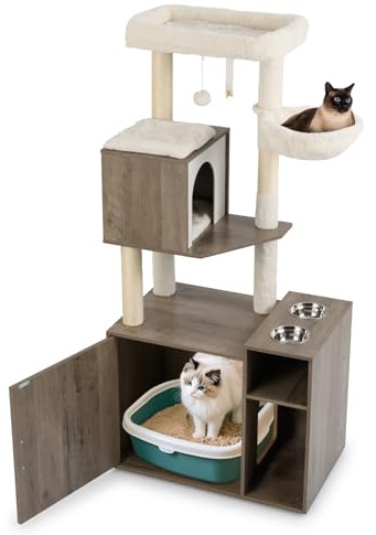 COSTWAY Árbol Rascador con Caja de Arena para Gatos, Mueble Arenero Gatos con Poste y Alfombrilla Rascadora de Sisal, Pelota, Baño Oculto, 2 Comederos, Caja de Arena Oculta Gato (Gris + Blanco)