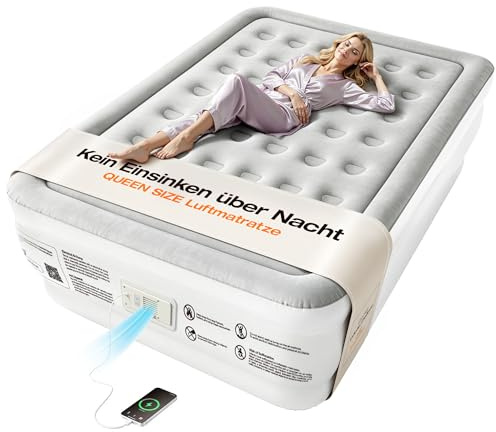Lopekuty Premium Luftmatratze mit integrierter Pumpe – Automatisches Nachfüllen, 2,5 Min Schnellaufblasen, weiche Beflockung, leiser Betrieb, 203 x 152 cm für 2 Personen, Zuhause & Camping