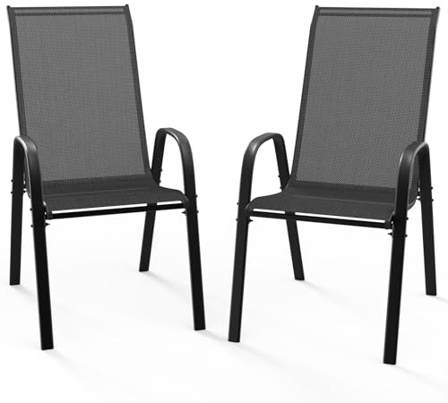 Bonnlo Stapelbare Gartenstühle 2er Set, Outdoor-Essstühle, Wetterfeste Stapelstühle mit Atmungsaktivem Textilene, Robustes Metallgestell, für Balkon, Terrasse & Garten, bis 180 kg, Schwarz