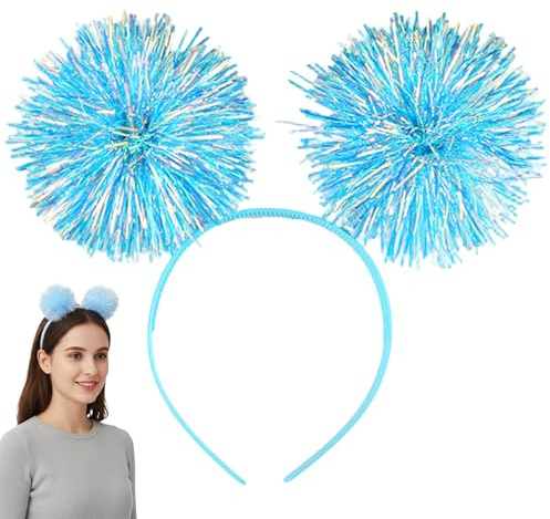 Pompom-Stirnband – lustiges Glitzer-Haar-Accessoire mit funkelndem Lametta und flauschigen Kugeln, für Kinderparty-Auftritte und Cosplay, blau