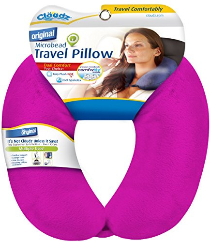 Cloudz Dual Comfort Microbead Airplane Travel Neck Pillow. Soft Cozy Plush Fabric on One Side, Cool Relaxing Spandex on The Other! Customize Your Comfort and Support at Home or On The Go! Bright Pink