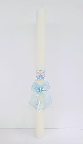 Vela de Bautizo Niño o Niña. Medida 3 x 40CM Decorada con aplique bebé y Lazo Decorado Azul. (Personalizada)