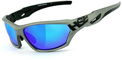 HSE SportEyes® | beschlagfrei, Winddicht, HLT® Kunststoff-Sicherheitsglas nach DIN EN 166 | Sportbrille, Radbrille, Sonnenbrille | Brille: 2093 (blau verspiegelt - Grau)