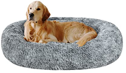 Coohom Oval Calming Donut Cuddler Dog Bed,Shag Faux Fur Cat Bed Washable Round Pillow Pet Bed(30/36/43) for Small Medium Dogs (XL(36x27x7), Grey)