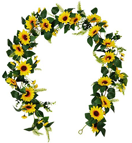 Riaxuebiy Simulation Sonnenblumen Hängende Reben Pflanze Girlande Seide Künstliche Sonnenblumenreben Angetrieben für Hausgarten Hochzeitsfeier Dekor (A-Sonnenblumen 1.95m)