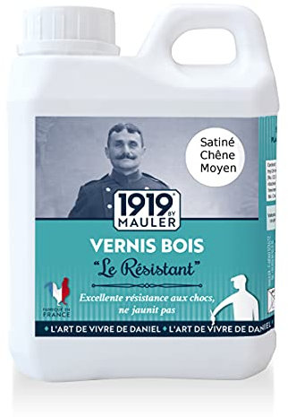 1919 BY MAULER - Vernis bois « Le Résistant » - 0,5L - Satiné Chêne Moyen - Protection contre taches et rayures pour meubles, poutres, boiserie intérieure.