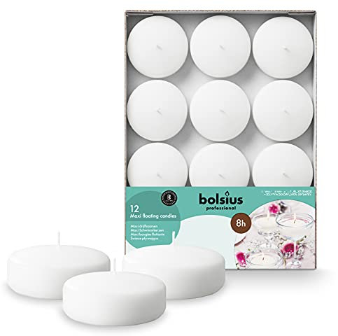 Bolsius - Maxi Schwimmkerzen - Weiß - 12 Stücke im Karton - Ø 7.7 cm - Brenndauer 8 Stunden - Duftfrei - Paraffinwachs - XL Schwimmkerze - perfekt für verschiedene Anlässe