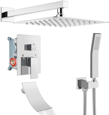 Airuida - Set di 3 funzioni per vasca da bagno e doccia con getto a cascata, 30 cm, montaggio a parete con soffione a pioggia e doccetta, set combinato con valvola a sgrossatura inclusa