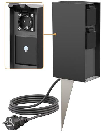 ledscom.de Colonna presa da giardino POMI con picchetto di terra e cavo di 2m per esterno, IP44, Smart Home, WLAN, Alexa, 3 volte, antracite, angolare, 23cm