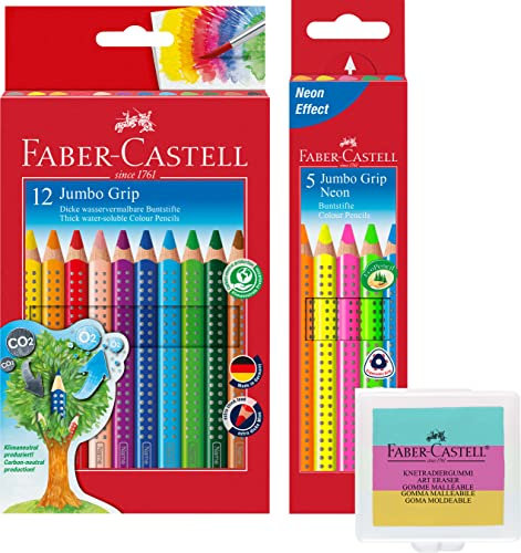 Faber-Castell 110912 - Farbstift Jumbo Grip Kartonetui 12er + 5er Etui Jumbo Grip Neonfarben + Knetradierer (1 von 3 Farben)