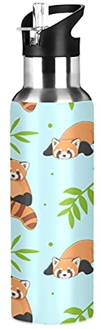 JUMBEAR Wasserflasche, Cartoon-Motiv roter Panda und Bambus, isoliert, Edelstahl, auslaufsicher, breite Öffnung mit Strohhalm-Deckel, für Fitness, Fitnessstudio und Outdoor-Sport, 625 ml
