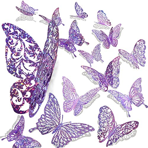 60 Pcs 3D Sequined Purple Butterfly Wall Decor Stickers, 5 Styles 3 Sizes, Holographic Butterfly Decor for Dorm Room & Wedding Party Birthday Decor