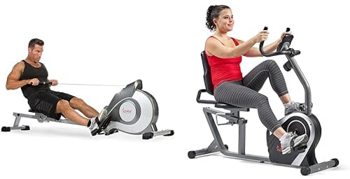 Sunny Health & Fitness Exercise Bikes, Magnetic Recumbent Bike + Magnetic Rowing Machine, Folding Rower W/LCD Monitor and 8 Level Resistance