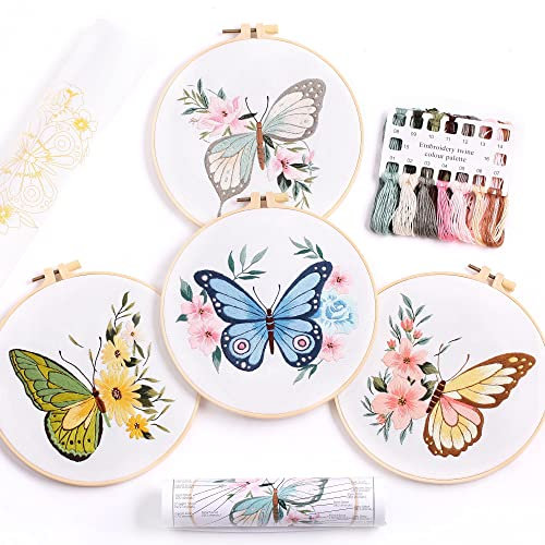 REEWISLY 4-teiliges Stickerei-Starter-Set mit Mustern und Anleitung (evtl. nicht in deutscher Sprache), DIY-Kreuzstich-Set für Erwachsene, Anfänger, 1 Paar Schere, farbige Fäden und Nadeln