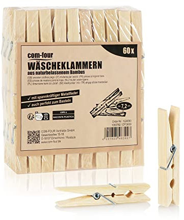 COM-FOUR® 60x Mollette da bucato in bambù - mollette in legno sostenibili - mollette per appendere biancheria, artigianato e decorazione (Bambù - 60 pezzi)