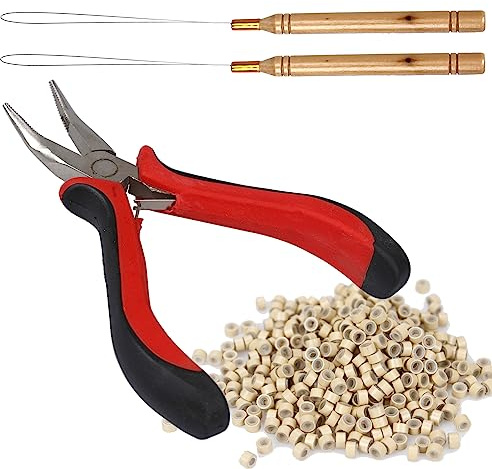 Hair Extension Pliers and Pulling Loop Tool Full Set Tools for Micro and Nano Extensions Blone Rings Beads 500 Pcs Micro Ring Beads 1 Pc Micro Beads Plier 2 Pcs Loop Needle Threader Pulling Hook