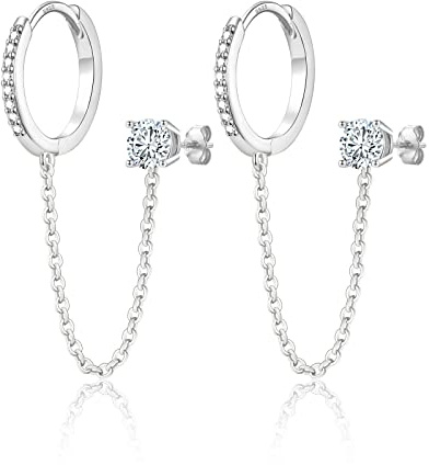 925 Sterling Silver Double Chain Earrings for Women, Silver Double Piercing Earrings Huggie Hoop Dangle Earrings with Cubic Zirconia Stud for Girls Men Teens (Silver/Gold)