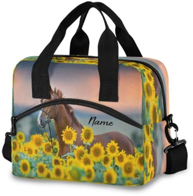 Lonchera personalizada para niños, caballos, girasoles, hielera aislada, lonchera personalizada, organizador de almuerzo de gran capacidad para niños y niñas