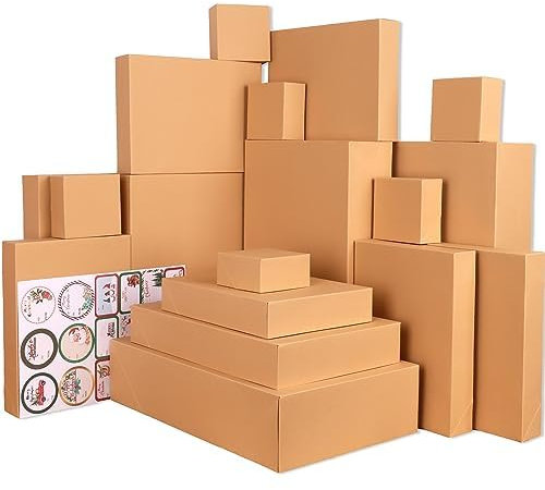 18 Stück Geschenkbox Pappe mit Deckel-Groß Geschenkverpackung Boxen Sortiment mit Tag Aufklebe, 4 Größen Kraft Kleidung Geschenk Boxen, Braun Karton Hemdenbox für Weihnachten, Geburtstag, Hochzeit