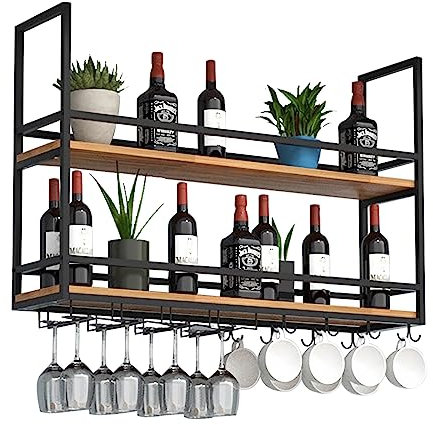 Portabottiglie da Soffitto - Porta Bicchieri Sospesi 2 Strati Industriale, Espositore Portabottiglie per Vino Con Guardrail, Facile da Installare, per Cucina Bar Caffetteria (140×30×80cm, nero)
