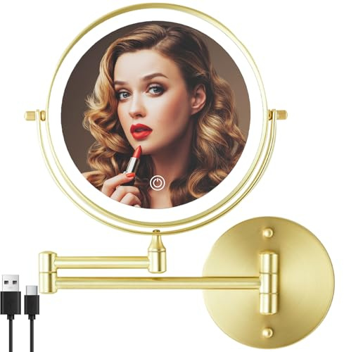 MIROAMZ Rechargeable Wall Mounted Lighted Makeup Vanity Mirror 8 Inch Double Sided 1X 10X Magnifying Bathroom Mirror, 3 Color Lighting, Touch Screen Dimming, 360 Rotation Shaving Mirror Gold