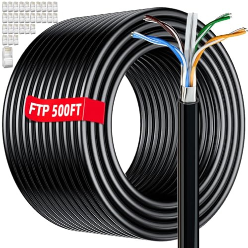 Cat 6 Outdoor Ethernet Cable 500ft (30 RJ45), FTP Cat 6 Shielded Ethernet Cable Bulk, Heavy Duty 23AWG, Direct Burial, In-Ground, POE, Waterproof, UV Resistant Cat6 Cables 500 feet for Router Gaming