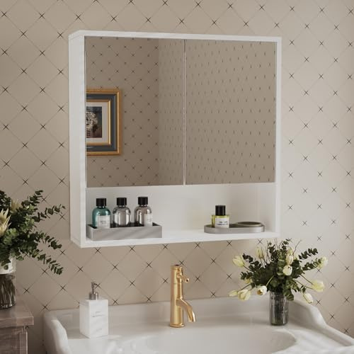 Msutree spiegelschrank Bad, Badezimmerspiegel 60 x 60 x 15 cm, Wandschrank mit Offenes Fach, Badschrank mit Verstellbare Ablagen, Medizinschrank, Spiegelschrank für Badezimmer weiß (60CM ohne Licht)
