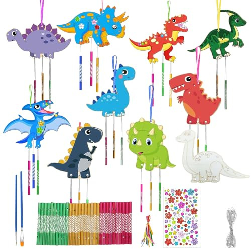 10 Stück Dinosaurier Windspiel Bastelset Holz, Windspiel Bastelset Kinder | Bastelhandwerk zum Bemalen, Dino Kreativset, DIY Handwerk für Geschenke Bastelarbeiten Dinosaurier, DIY KINder Malen Handwerk