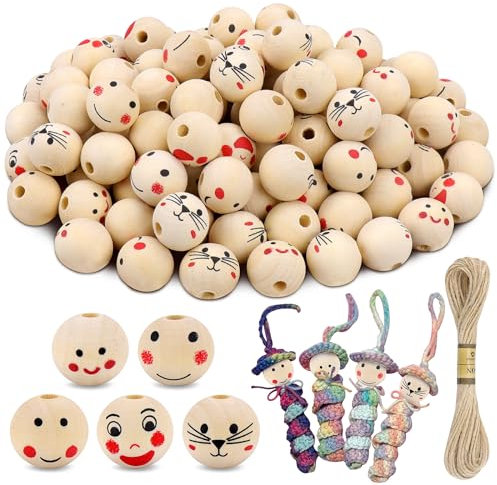 Kkluno 100 Stück Holzperlen mit Gesicht, Holzperlen Rund 20mm, Holzperlen zum Auffädeln, Niedlich, Smile Face, Sorgenwürmchen Holzperlen für DIY Handgefertigte Handwerk Und Schmuckherstellung