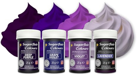 Sugarflair Paste Colour Lebensmittelfarben, Purple, Set/4 | Hochkonzentrierte Farbpaste für Fondant, Marzipan und Modellierpaste, Farbintensität Aufbaubar
