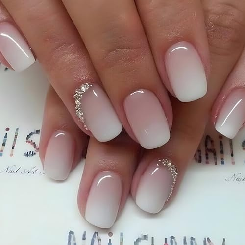 MouyouGlow Press on Nails Kurz,Square Rosa Ombre Weiß 3D Rhinestones Hochzeit Fake Nails Kunstnägel,Pink White Gradient Künstliche Fingernägel …