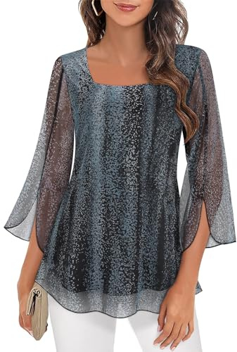 Syphiby Blusas de mujer con manga de 3/4, volantes, estilo túnica, sueltas, de gasa, cuello cuadrado, de doble capa, de malla, M-3XL, 3XL