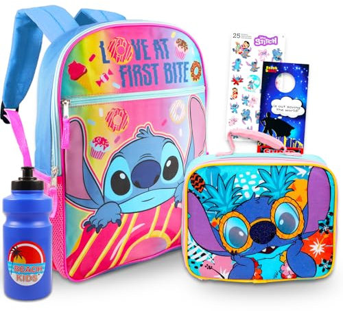 Disney Lilo and Stitch - Juego de mochila y lonchera – Paquete con mochila Lilo & Stitch, bolsa de almuerzo Stitch, botella de agua, calcomanías, más | Bolsa escolar Stitch para niños